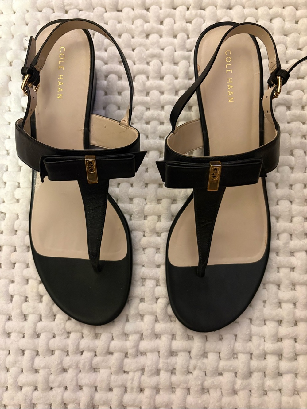 Cole Haan Black T-Strap Sandals with Bow and Gold Accent. Great condition. Never